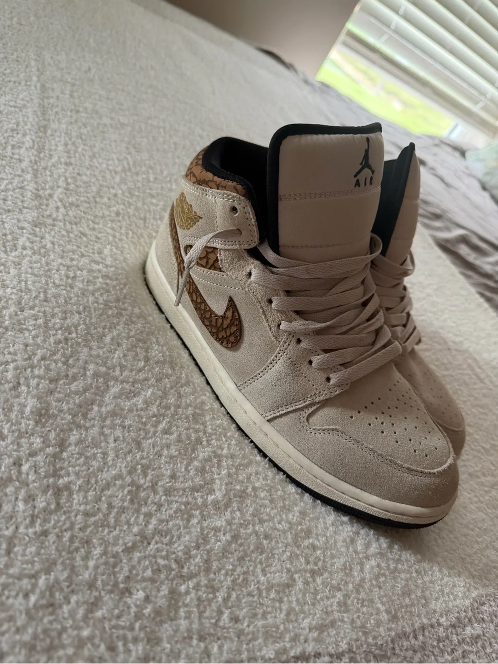 Jordan High-Top Sneakers in Beige with Brown Elephant Print
